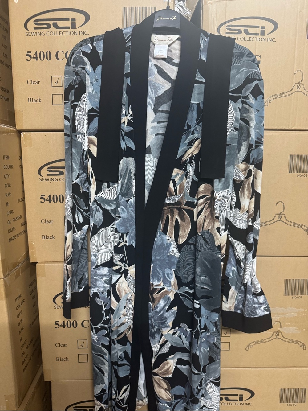 Dana Buchman Black Floral Longline Open Front Coatigan